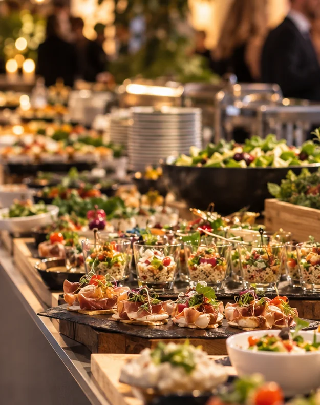 Buffet mit kleinen Speisen, frischen Zutaten und Gästen im Hintergrund